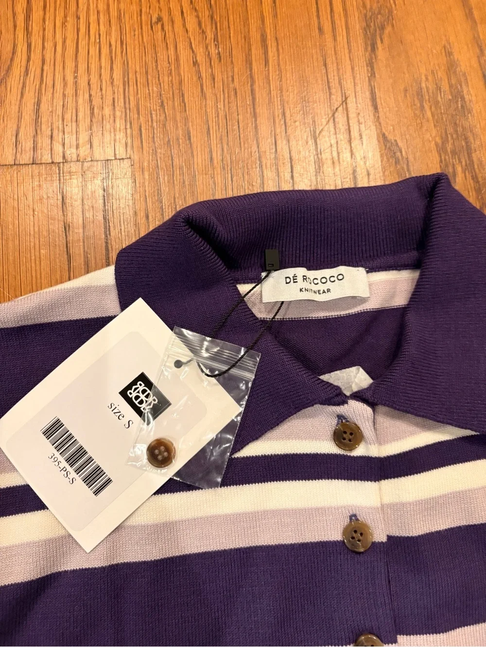 De Rococo Striped Purple and White Knit Polo Sweater